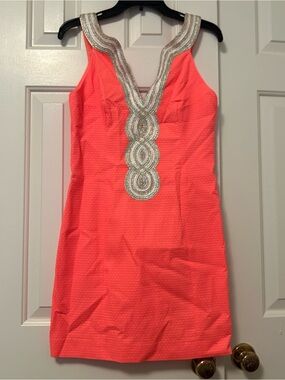 Lilly Pulitzer Valli Shift Dress Cayenne Coral Iridescent Trim Women's Size 2